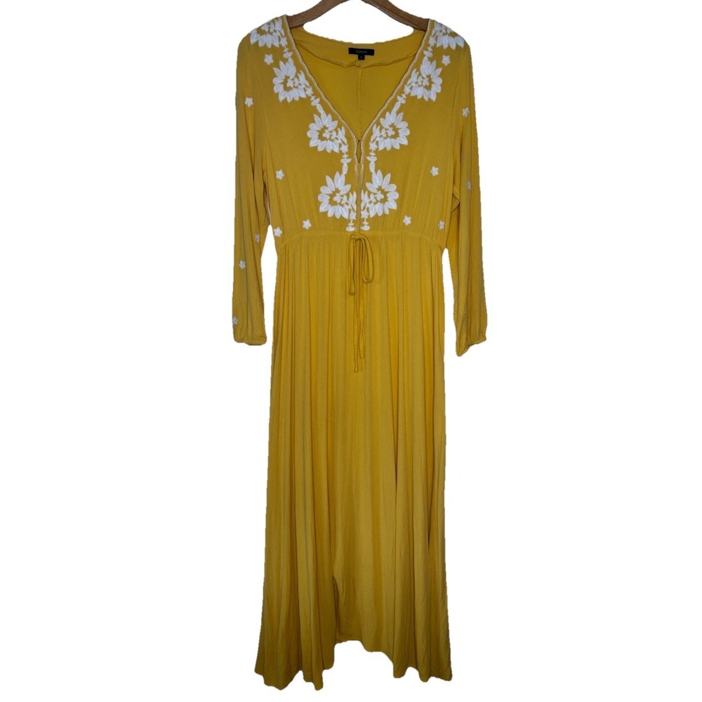 Floryday Dress‎ Maxi  LG Sunny Yellow Embroidered  L/S Crinkle Gauzy Beachy Boho